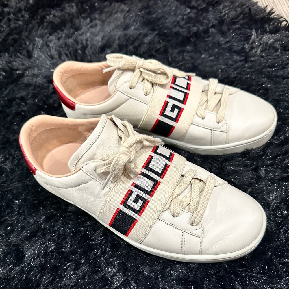 Gucci Ace Web Stripe Elastic Logo Sneakers Cream Red Size 7 -AUTHENTIC - Picture 4 of 6